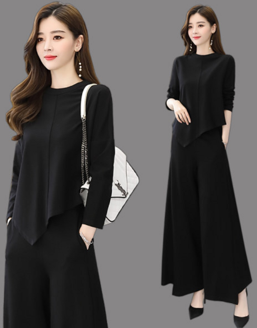 TIMEPURE 여성 통근 솔리드 베이직 세트 봄가을 날씬해 보이는 캐주얼 치마바지 긴팔 투피스 와이드 팬츠 라운드 티셔츠 1+1 정장 세트