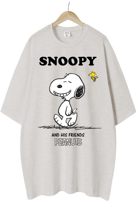 엠제이스타 피너츠 여성 해피 스누피 반팔 루즈핏 롱 프린팅 캐릭터 티셔츠 오버핏 반팔티