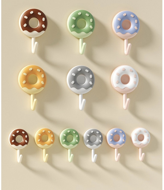 귀여운 도너츠 무타공 다용도 접착식 욕실 벽걸이 후크 6개, 소