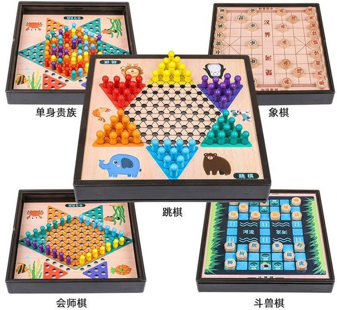 木製五子棋 益智桌遊, 1個, 黑色棊盒 5玩法D款  *跳象鬥單會