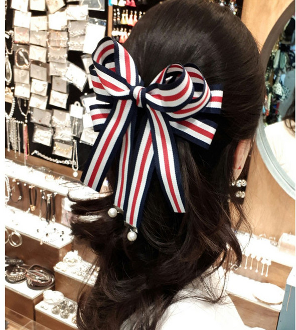 루루악세사리 네이비 화이트 레드 스트라이프 골프 리본핀 헤어핀