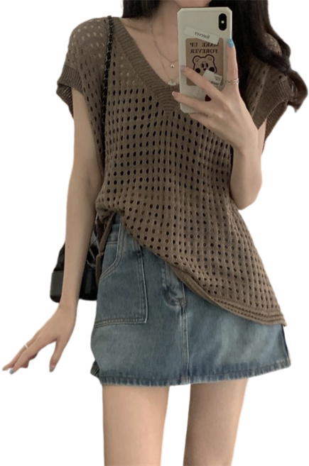 여성용 브이넥 부드러운 펀칭 시스루 니트 베스트 Women's Vest