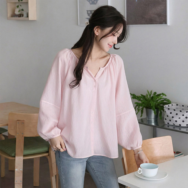 데일리앤 렌느 여리여리 루즈핏 쉬폰 셔링 퍼프 긴팔 여성 블라우스 봄 여름 시스루 셔츠 살안타템