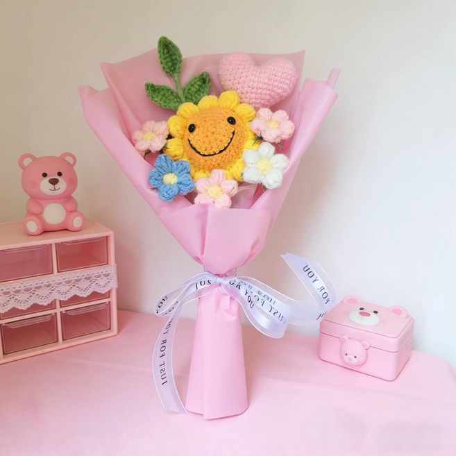 해바라기 니트 손뜨개 꽃다발 탁상 장식 인테리어 꽃 입학식 졸업식 발렌타인데이 어버이날 선물, 1개, 분홍색