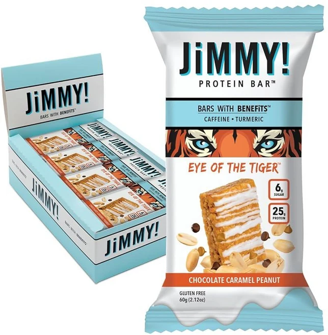 JiMMYBAR! - Eye Of The Tiger 캐러멜 초콜릿 땅콩 단백질 바 25g 6g 저설탕 12개입 60g 건강 진짜 및 핸드 드리즐 초콜릿이 함유된 기능성 스낵, JiMMYBAR! - Eye Of The Tiger 캐 - 쿠팡