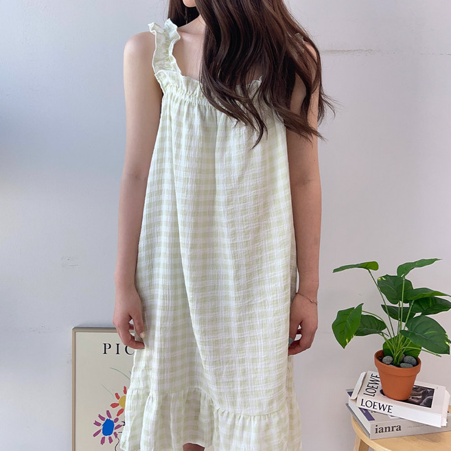 릴리앤로사 요루면 순면 체크 민소매 롱 원피스 임부 수유 잠옷