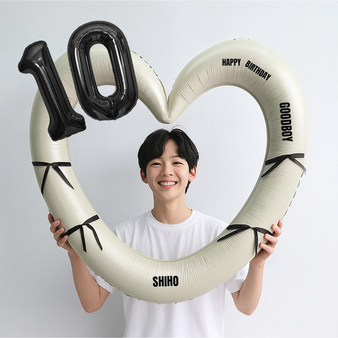 해피제이니 블랙 숫자 하트프레임 풍선 생일파티용품세트(프리레터링 시트지 포함) 포토존, 1세트, 10 크림하트