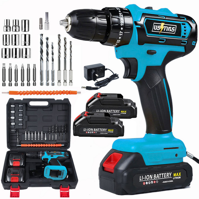 우스틴스 독일기술 가정용 20V 리튬이온 배터리 전동드릴 전동 드라이버 임팩트 전동드릴 세트, 본품 + 배터리 2개, 1세트
