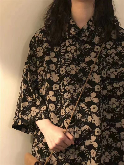 港風復古印花襯衫 短袖寬鬆休閒襯衣