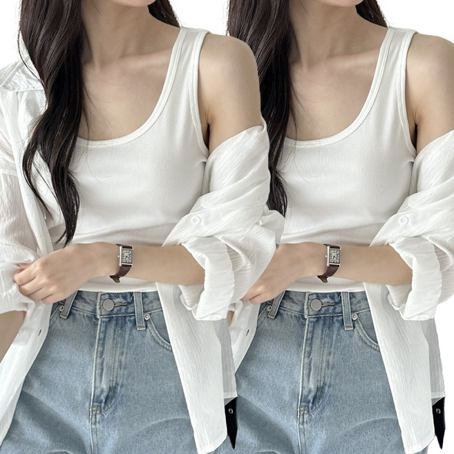 아름디오 여성 1+1 베이직 라운드넥 골지 민소매 이너 나시티 빅사이즈 45~90kg