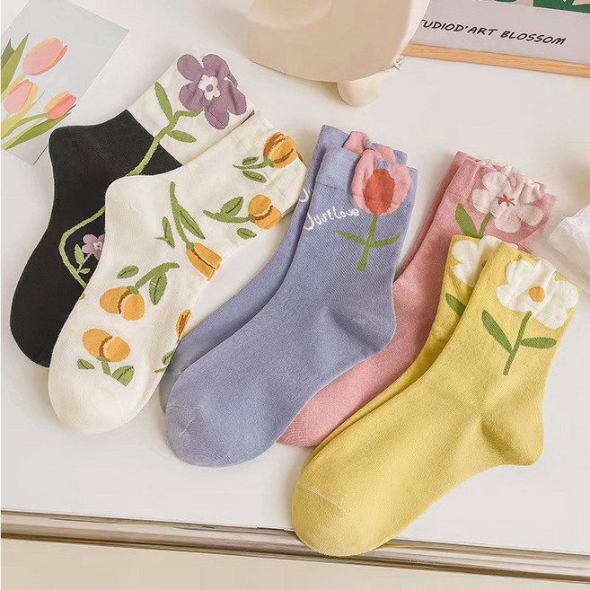 5+5 산뜻한 플라워 중목 양말 여성양말세트 (총 10켤레)