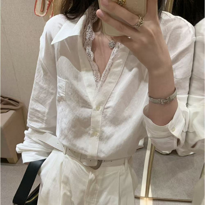 AURALA 여성 블라우스 봄 패션 레이스 브이넥 원버튼 긴팔 상의
