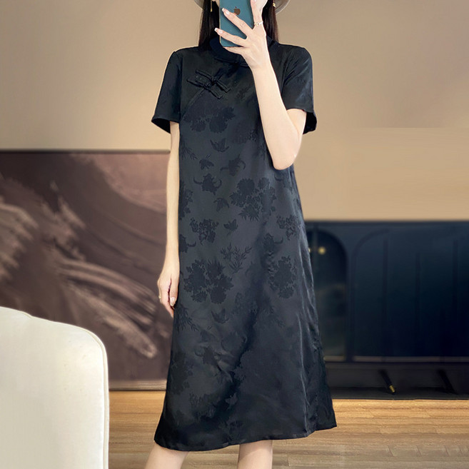 DIU 新中式國風改良旗袍連衣裙女夏季新款優雅盤口立領醋酸開叉長裙子, L