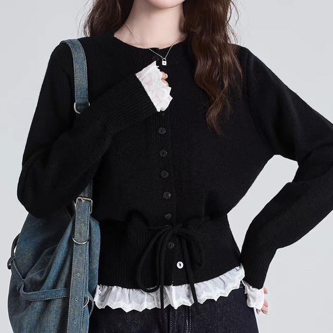 cammello 러블리 프릴 밑단 레이스 스트링 니트 가디건 여성 긴팔 니트티