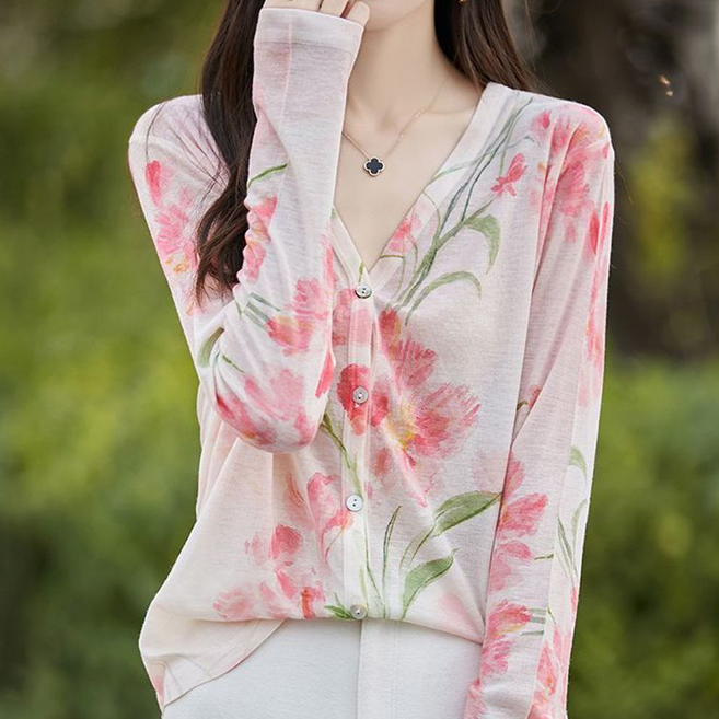 TKX 여성용 봄가을 얇은 니트 가디건 꽃무늬 브이넥 긴팔 단추 장식 중년여성 가벼운 소재 KN53
