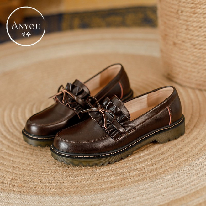 ANYOU 여성 천연 가죽 구두 컴포트 소프트 키높이 통굽 리본 로퍼