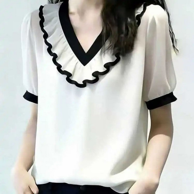 지고다그 여성 여름 브이넥 쉬폰 블라우스 배색 프릴 장식 반팔 루즈핏 시원한 셔츠 BYA0145