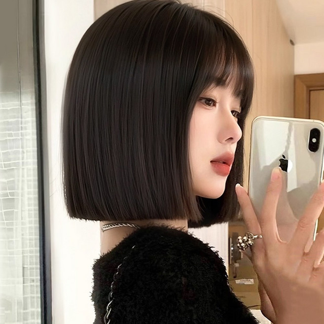 salimm 여성 스트레이트컷 내츄럴 단발머리 전체 통가발 가발망 포함, 1개, 브라운블랙