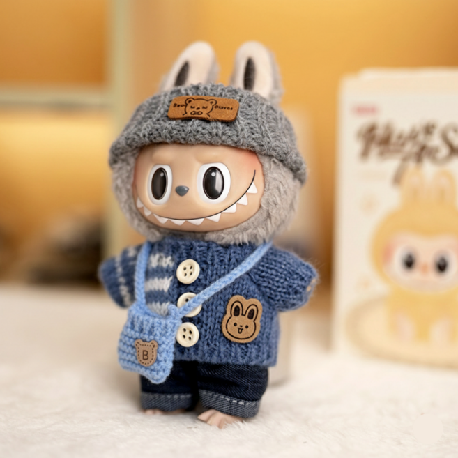 티니숲속 라부부 인형옷 스웨터 모자 바지 가방 4종 세트 인형꾸미기, 1개, 블루