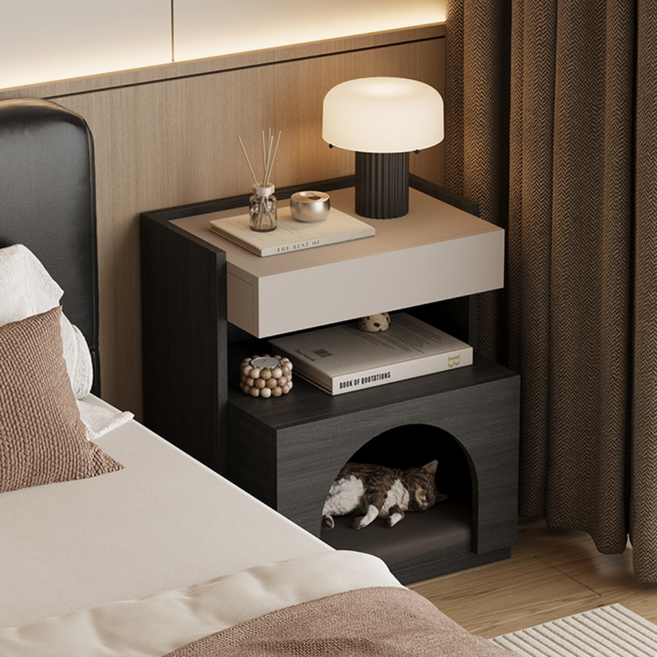 이탈리아식 순목 캣하우스 침대옆탁자 인펫공용가구 2단 서랍 50cm 완성품, 1개, 밀크티색 + 훈제 나무 무늬