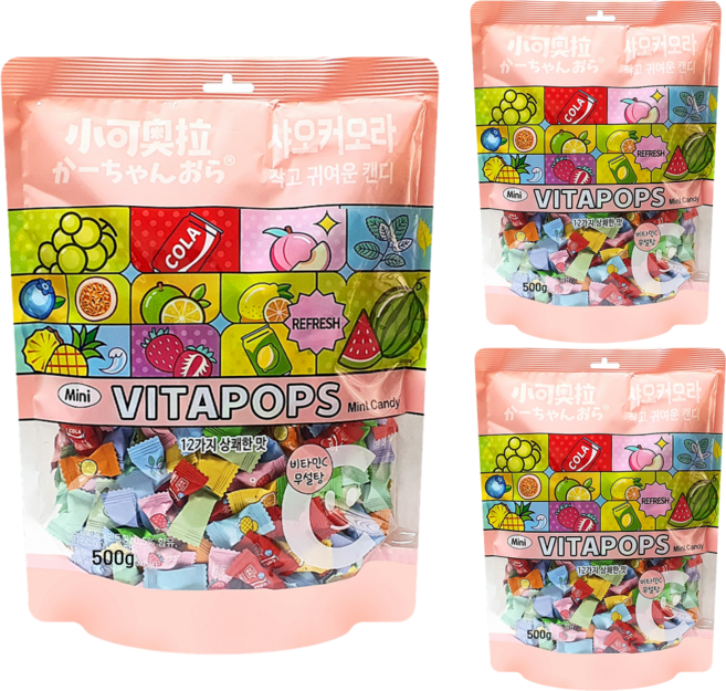 [공식수입 정품] 샤오커오라 캔디 베트남 사탕 간식 무설탕 알사탕 개별포장 비타민C + 드럼스틱 젤리, 500g, 3개