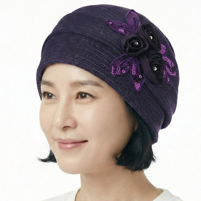 베이직엠 여성 여름 반다나 두건 망사모자 비니 스팽글 장미