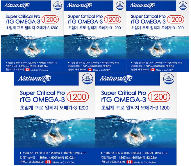 캐나다 알티지 오메가3 1200 저온초임계추출 EPA DHA rTG 오메가3 비타민E 함유 영양제, 60정, 5개