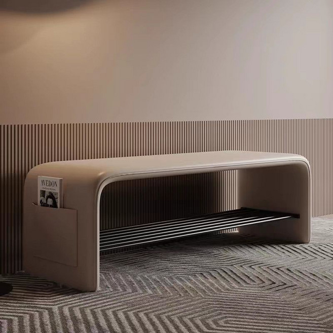 免安裝鞋櫃 穿鞋椅 臥室床尾長條凳 家用, 輕奶咖色黑（耐磨易打理）,長100寬35高40（加粗碳鋼支架）