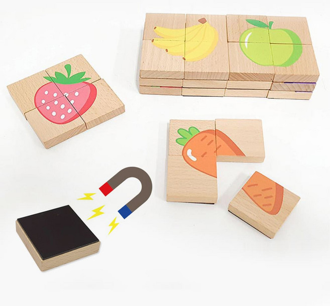 쉬운 네조각 원목 과일 퍼즐 자석놀이 장난감 소근육 18개월 2살 어린이집 냉장고 2세, 1개