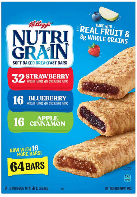 Kellogg's 켈로그 뉴트리 그레인 바 딸기 블루베리 애플시나몬 37g x 64바 Nutri Grain, 64팩