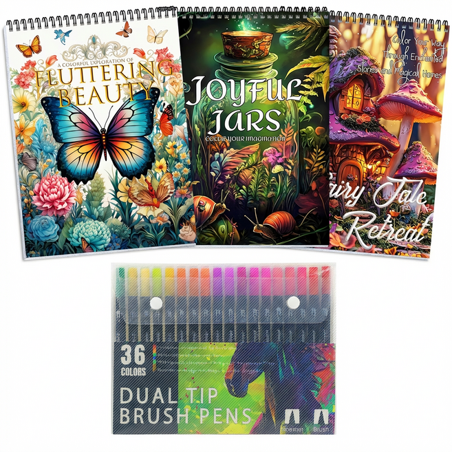 프리미엄 성인용 페인팅북 - 세트 콤비네이션 페인팅북 - 페인팅북 포함 3권 - 72쪽 - 성인용 페인팅북 - 마커펜 36색, 페인팅 세트 4종 세트, 성인 컬러링 북