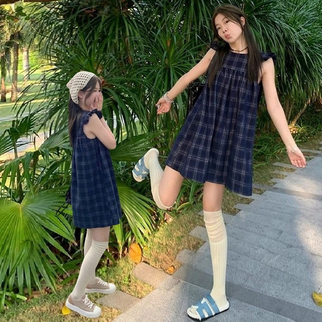 【梨卡】隔日到貨 女裝 洋裝 短裙 連身短裙 小飛袖 格紋短裙 夏季洋裝 收腰短裙 復古洋裝 HZ059, 如圖色