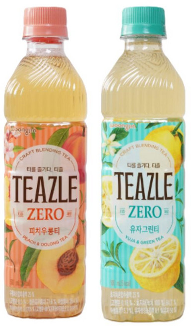 웅진 티즐 제로 피치우롱티 + 유자그린티 혼합, 6개, 500ml