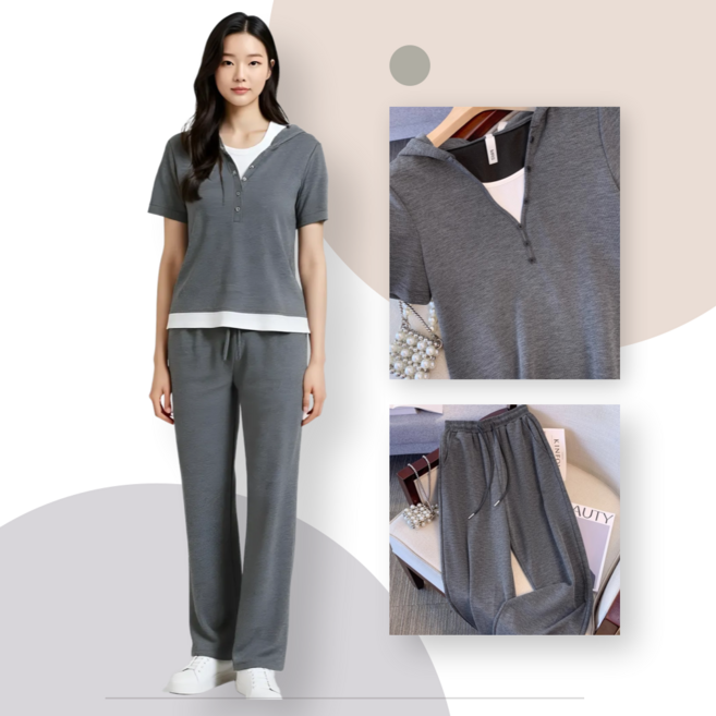 인방사 여성 트레이닝복 반팔 후드 레이어드 상하의 세트