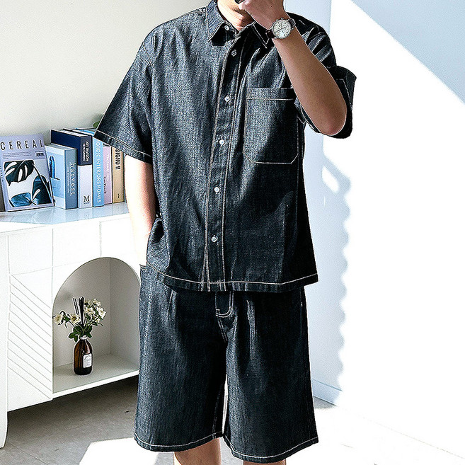 핏콕 남성용 여름 생지 데님셋업 데님수트 청셋업 반팔청남방 청반바지 1+1 세트 빅사이즈