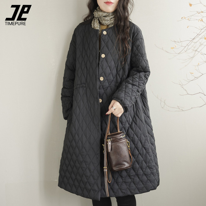 루즈핏 여성 노칼라 롱패딩 아우터 빅사이즈 따뜻한 코트 겨울 심플 퀼팅 패딩점퍼