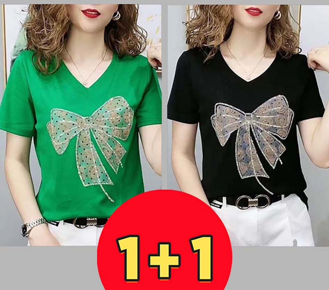 AOKADA 1+1여성 브이넥 반팔 티셔츠 스팽글 슬림 여름 면티 반팔티