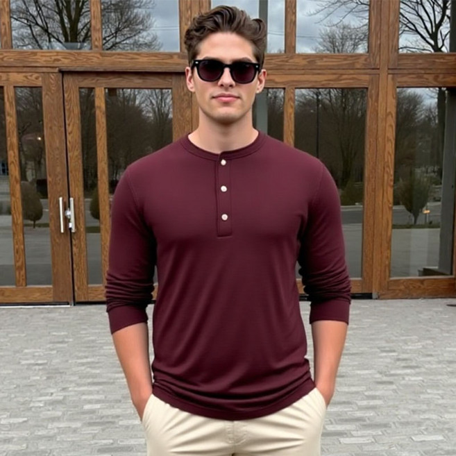 [펜타온] 와플조직 3버튼 스탠다드 아미핏 긴팔 라운드 티셔츠