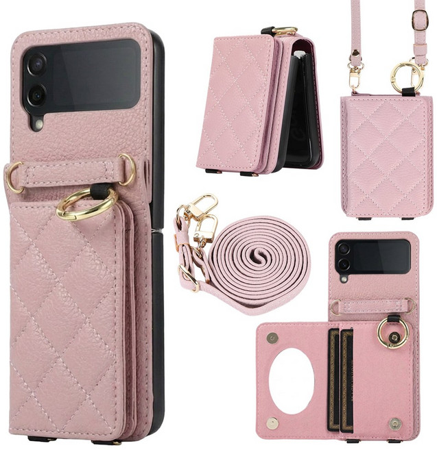 EVOL Z플립 케이스 퀄팅 가죽 힌지보호 핑거링 내장 거울 2장수납 카드지갑 스트랩 포함