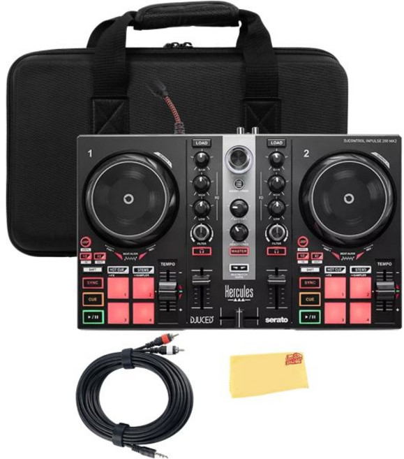 허큘리스 DJ컨트롤 인펄스 500 MK2 2채널 DJ 컨트롤러 번들 케이스 TRS에서 RCA 분기 케이블 오스틴 베이저 폴리싱 천, Inpulse 200 MK2