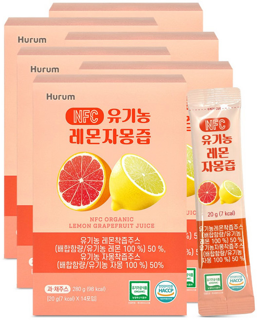유기농 레몬자몽즙 100 식약처인증 HACCP 물한방울 없는 NFC 레자몽, 6박스, 280g