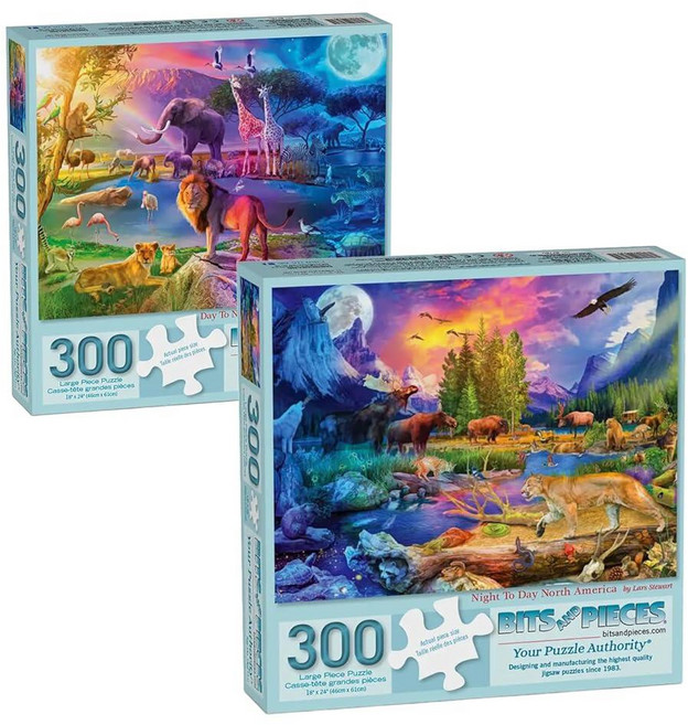 Bits and Pieces 성인용 300피스 직소 퍼즐 - 밸류 2개 세트 낮부터 밤까지의 번들 아프리카 사파리 및 미국 야생 동물 45.7 x 61cm(18 24인치) 2, Bits and Pieces 성인용 300피스 직소 퍼