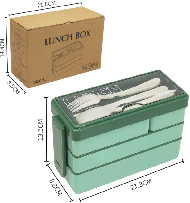 三層分格便當盒，1450ml大容量，學生上班族適用, 分格款1450ML綠色【牛皮紙盒】
