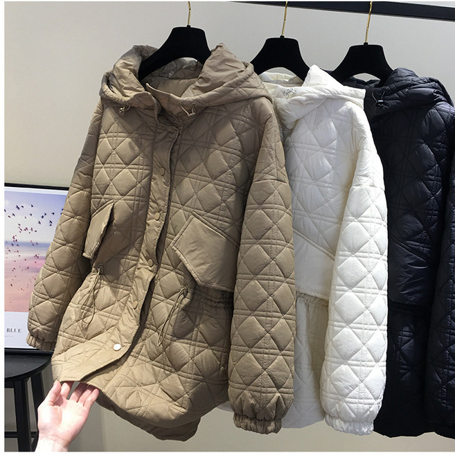 얇은 마름모 체크 후드 하프 조거 패딩 여 겨울 패션 감령 작은 키 패딩 코트