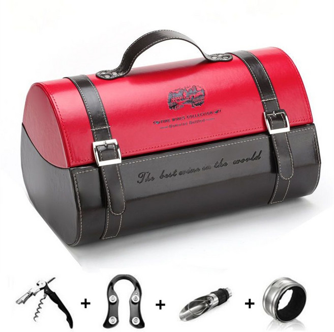 고급 가죽 와인케이스 여행용 모던한 와인가방 도구세트 2본입 와인 선물 포장 박스, 빨간색, 275mm*340mm*185mm