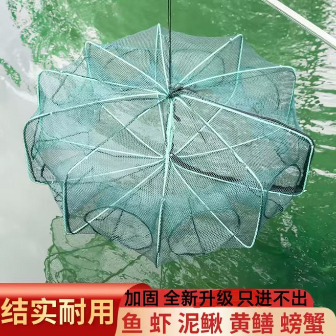 折疊漁網籠 堅固耐用 捕魚蝦蟹, 1個, 加固-方形10孔【5包餌料+配件】