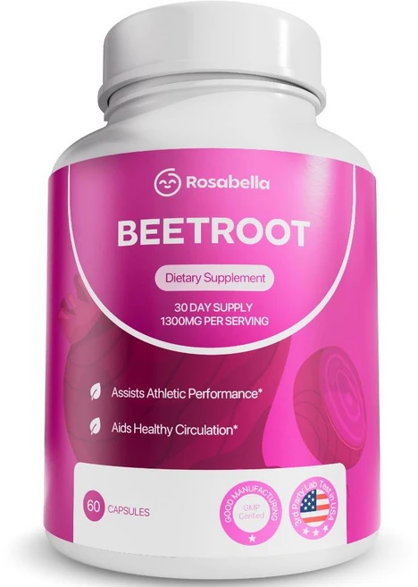 Rosabella 유기농 비트 뿌리 캡슐 1300mg 천연 에너지지구력 지원 비건 무첨가 60정 (원산지 미국), 60 카운트(1팩), 1개 - 쿠팡