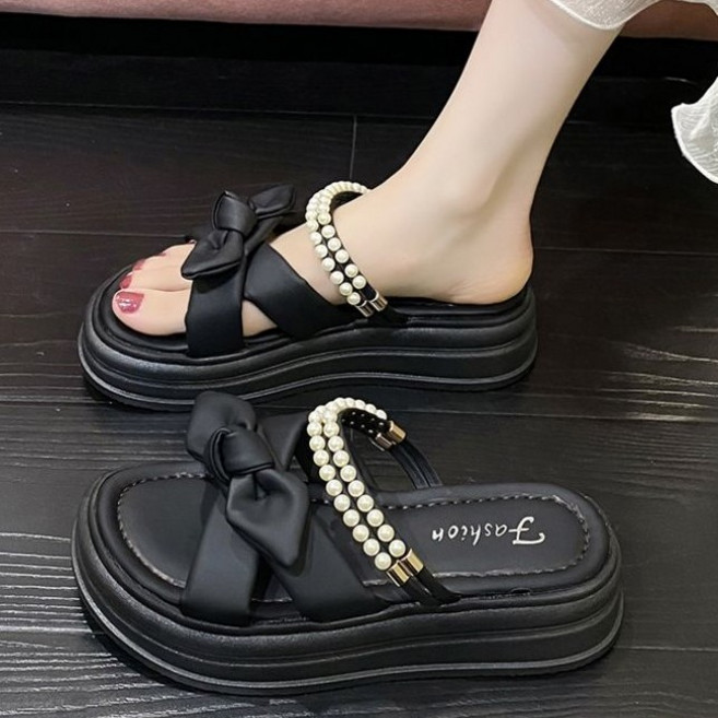 Fashion 法式時尚厚底涼鞋 松糕羅馬鞋, 24 cm, 黑色防滑不脫膠