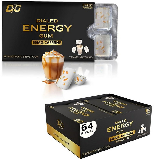Dialed Gum 민트 껌 다이얼드 에너지 카페인 64개 50mg 설탕 무첨가 with L테아닌 타우린 비타민 B6 B12 아스파탐 0칼로리 뇌 활성화 자일리톨 쿨, Caramel Macchiato