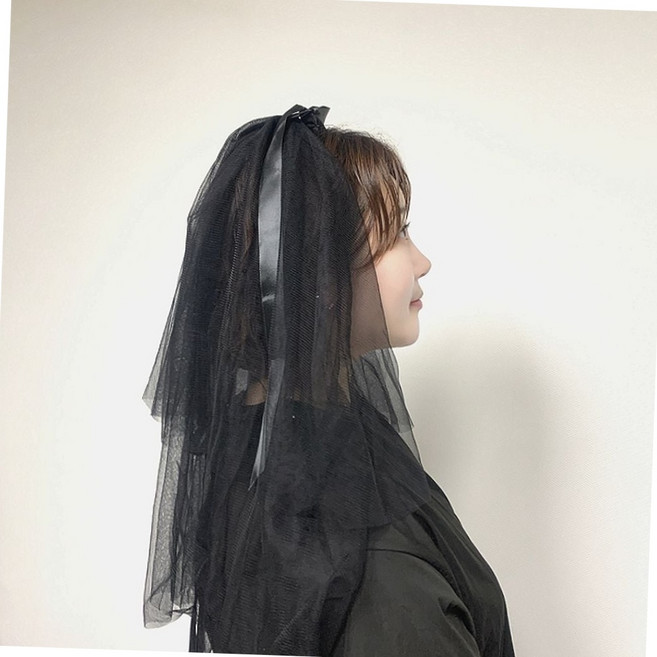 블랙 숏베일 리본 면사포 브라이덜샤워 셀프 웨딩 촬영 소품 헤어 장식 웨딩촬영소품